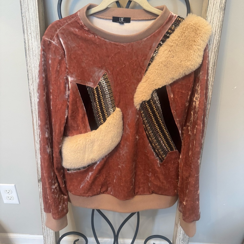 LIE Lee Chung Chung Velvet Faux Fur Mixed Media Brown Designer Sweatshirt Top